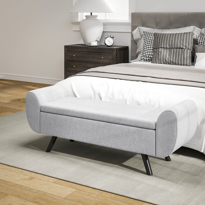 Storage Ottoman with Armrest, Upholstered Linen Storage Bench, Window Seat with Rubberwood Legs, Footstool for Bedroom Living Room, Hallway, Light Grey