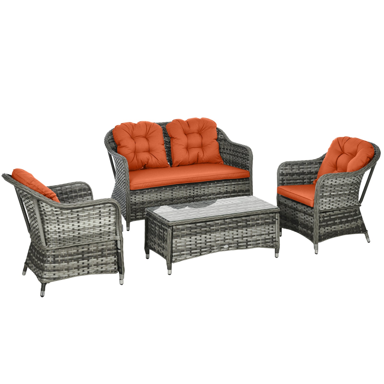 Four-Piece Rattan Sofa Set, with Glass-Top Table - Orange