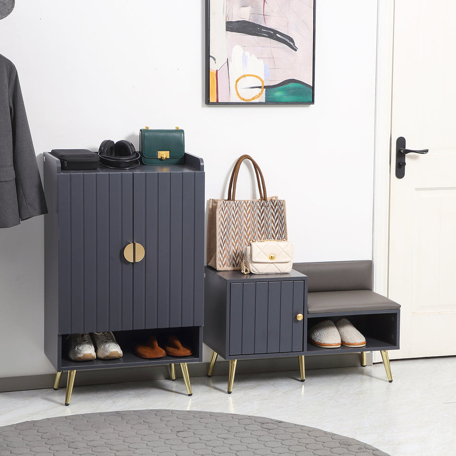 Entryway Furniture Set for 19 Pairs of Shoes, Hallway Shoe Cabinet with Adjustable Shelves, Shoe Storage Bench with Steel Legs, Grey