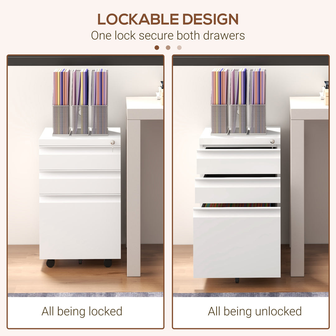 3-Drawer Filing Cabinet with Lock, Mobile Steel File Cabinet for A4, Legal and Letter Size, Under Desk Drawers with Pre-Assembled Body for Home Office, 37 x 43.5 x 60 cm, White