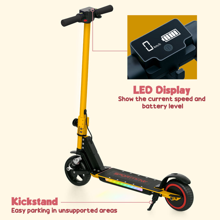 Folding Electric Scooter for Kids Age 6-14 with Dual Brakes, Front Suspension, LED Colourful Lights and Display, 6.8kg Lightweight Aluminium E Scooter, Up to 14 KM/H & 6 KM, Gold Tone