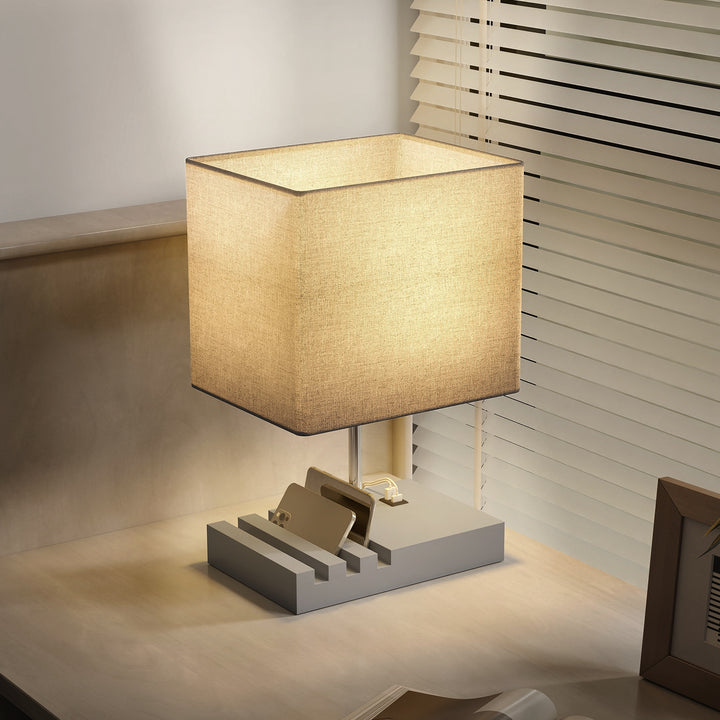 Bedside Lamp with USB A+C Charging Ports and 3 Phone Stands, Modern Table Lamp with Solid Wood Base and Fabric Shade for Bedroom Living Room Office, E27 Socket, Bulb Not Included