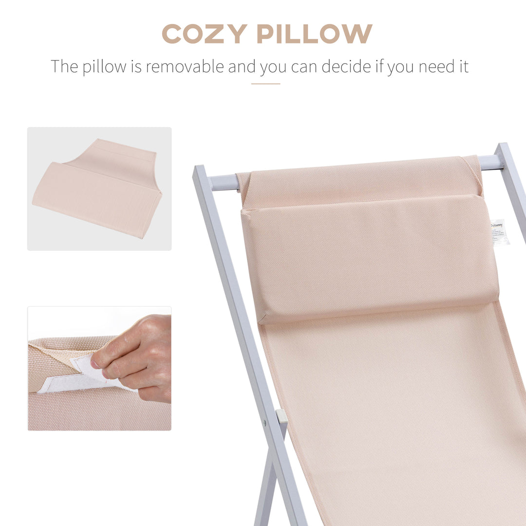 MCL Set of 2 Folding Garden Beach Aluminium Frame Deck Chairs Deckchairs Seaside Folding Garden Patio Lounger, Beige