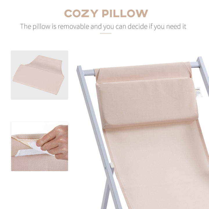 MCL Set of 2 Folding Garden Beach Aluminium Frame Deck Chairs Deckchairs Seaside Folding Garden Patio Lounger, Beige