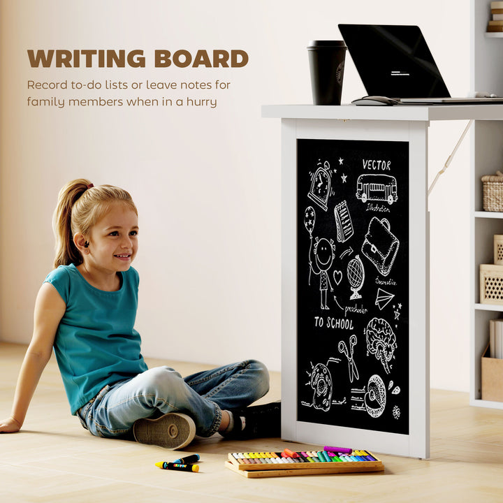 Wall Mounted Computer Desk, Folding Study Table with Black Board and Bookshelf, Multifunctional Floating Writing Desk for Home Office, White