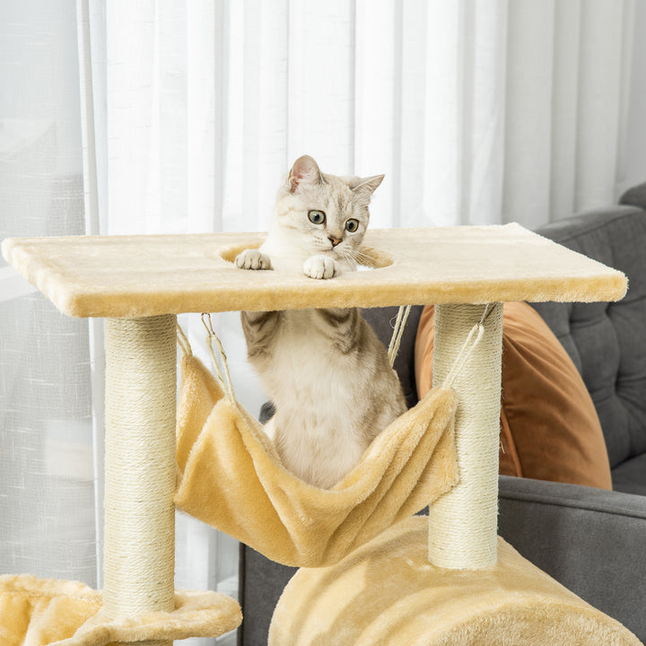 PawHut Cat Tree with Scratching Post, Hammock, Condo, Basket, Ladder Activity Centre for Kittens, 98 cm, Beige | Aosom UK