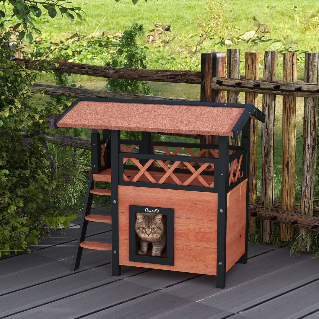 PawHut Cat House Outdoor w/ Balcony Stairs Roof, 77 x 50 x 73 cm, Brown | Aosom UK