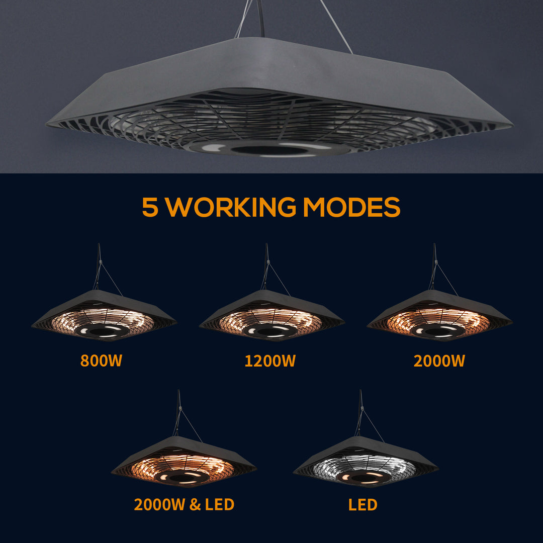 2000W Electric Hanging Patio Heater Ceiling Mounted Halogen Heating Indoor Outdoor with Remote Control Aluminium