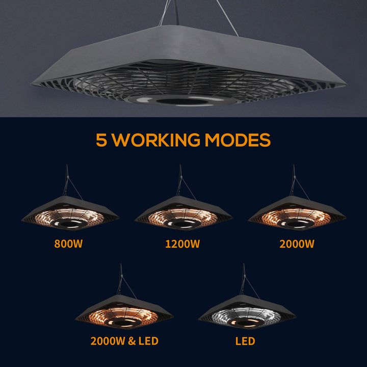 2000W Electric Hanging Patio Heater Ceiling Mounted Halogen Heating Indoor Outdoor with Remote Control Aluminium