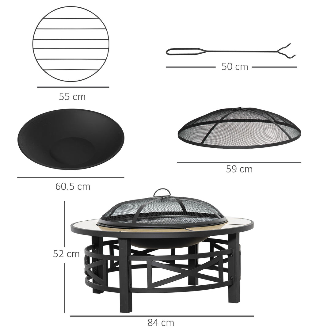 Outsunny Metal Large Fire Pit, Outdoor Firepit Bowl with Grill, Spark Screen Cover, Fire Poker for Garden, Bonfire, Patio, 84 x 84 x 52cm, Black