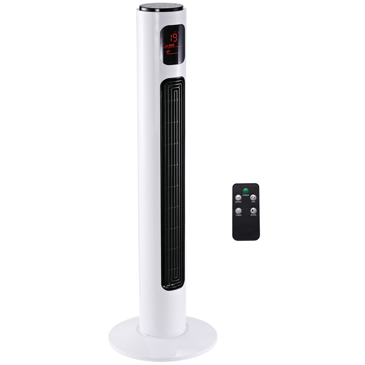 HOMCOM Freestanding 38'' Tower Fan with 3 Speeds, 3 Modes, 12h Timer, 70 Degree Oscillation, LED Panel, Remote Control, White | Aosom UK