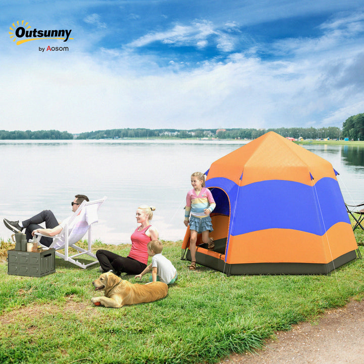 Six Man Hexagon Camping Tent with Hang Hook and Carry Bag - Orange and Blue