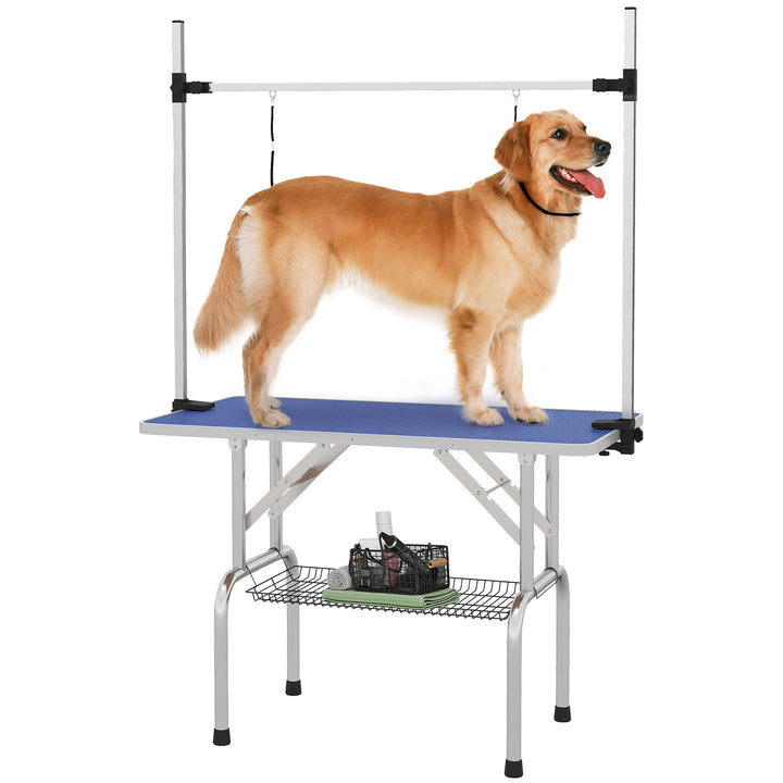 PawHut Adjustable Dog Grooming Table Rubber Top 2 Safety Slings Mesh Storage Basket Heavy Metal Blue 107 x 60 x 170cm | Aosom UK