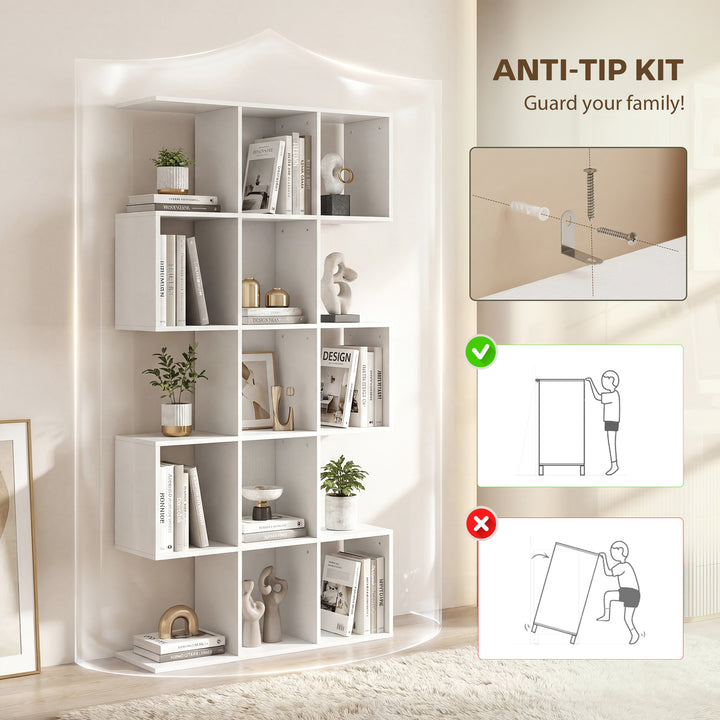 5-Tier Bookshelf, S Shaped Geometric Bookcase with 15 Compartments, Wh