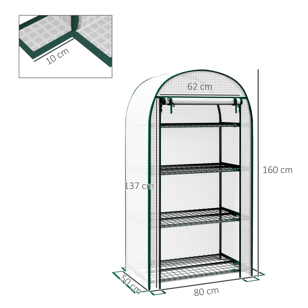 4 Tier Mini Greenhouse for Outdoor, Portable Gardening Plant Green House with Storage Shelf, Roll-Up Zipped Door, Metal Frame and PE Cover, 80 x 49 x 160cm, White