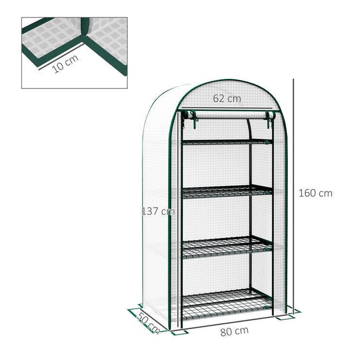 4 Tier Mini Greenhouse for Outdoor, Portable Gardening Plant Green House with Storage Shelf, Roll-Up Zipped Door, Metal Frame and PE Cover, 80 x 49 x 160cm, White