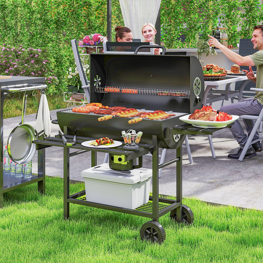 Charcoal BBQ Grill with Foldable Front Side Shelf, Portable Barbecue Smoker with Warming Rack, Bottom Shelf, Lid, Temperature Gauge, Wheels for Outdoor Cooking Garden Party, Black