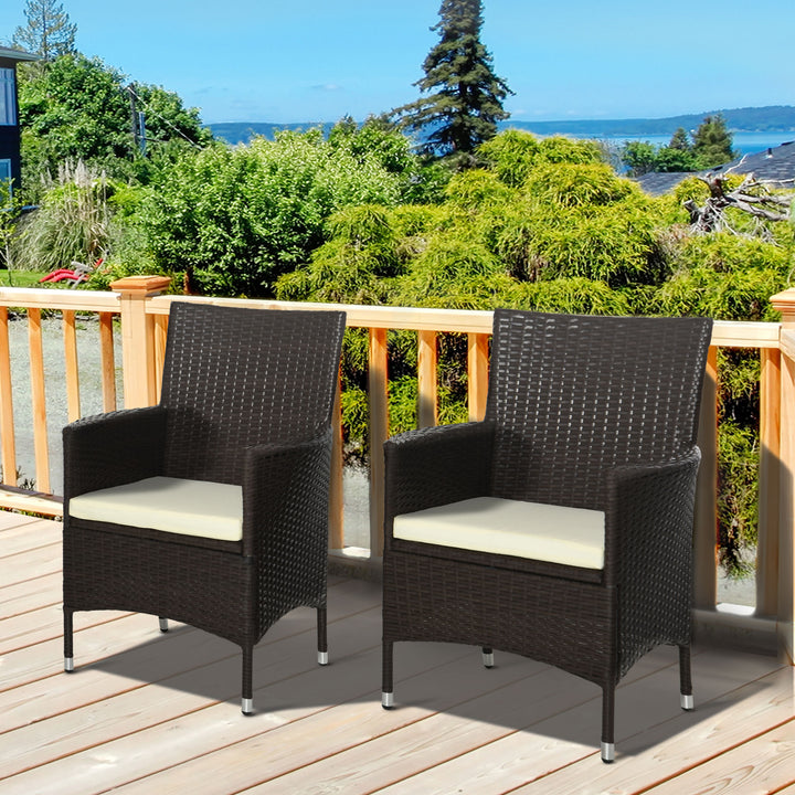 MCL 2 Pieces Outdoor PE Rattan Dining Chairs Set with Cushion, Garden Armchair with Armrests, High Backrest, Metal Frame Patio Wicker Furniture, Coffee