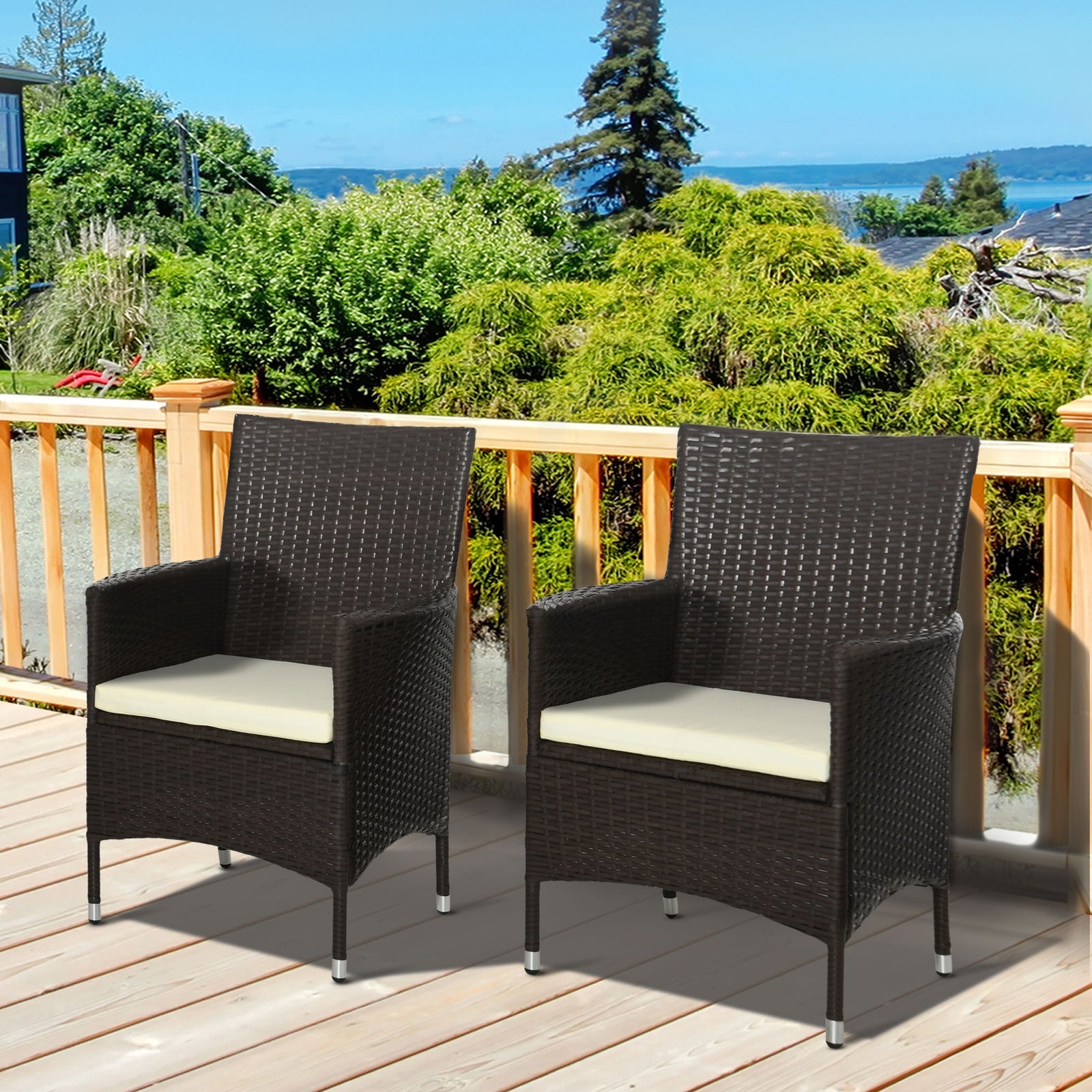 2 Pieces Outdoor PE Rattan Dining Chairs Set with Cushion, Garden Armchair with Armrests, High Backrest, Metal Frame Patio Wicker Furniture, Coffee