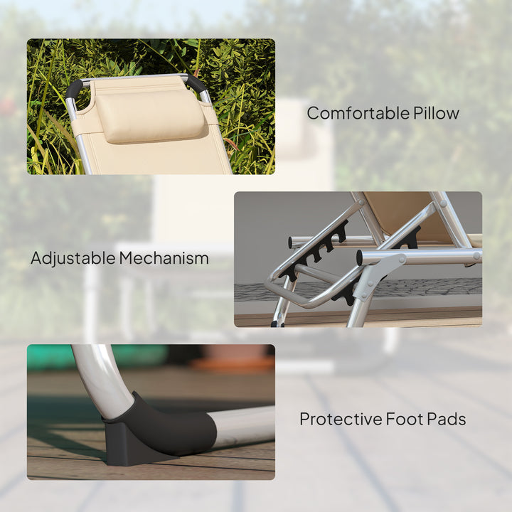 Foldable Outdoor Sun Lounger, Reclining Lounge Chair Camping Bed Cot with Pillow 4-Level Adjustable Back Aluminium Frame, Khaki