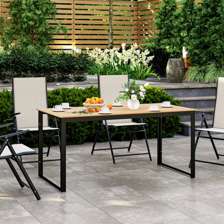 Garden Table for 6 People, 160 x 80 x 75 cm Rectangle Outdoor Dining Table with Slatted Top, Metal Frame, for Balcony, Deck, Teak