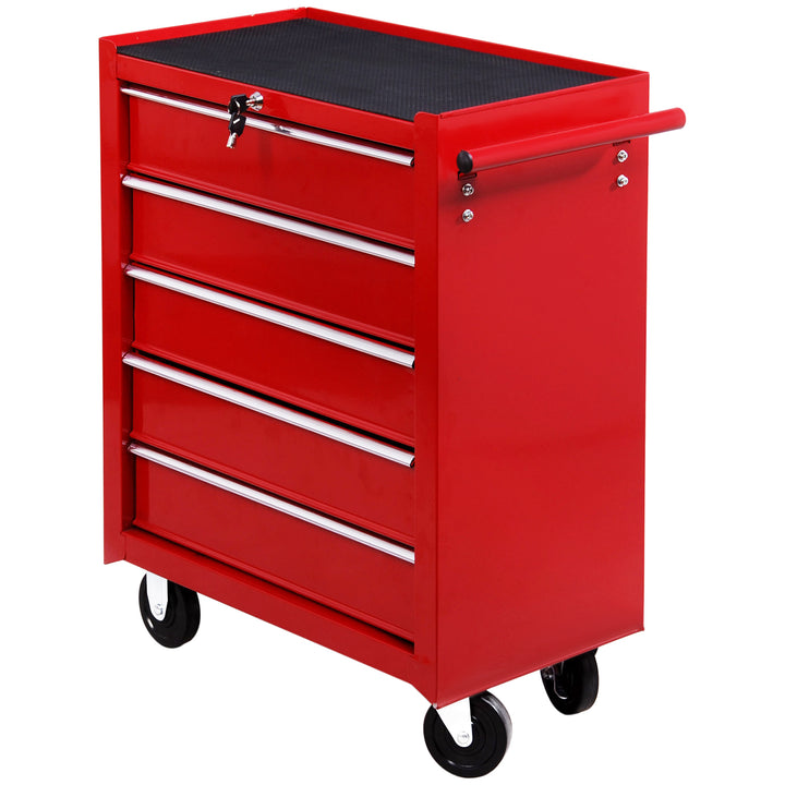 HOMCOM 5 Drawer Tool Chest on Wheels, Lockable Steel Tool Trolley with Side Handle for Workshop, Garage, Red