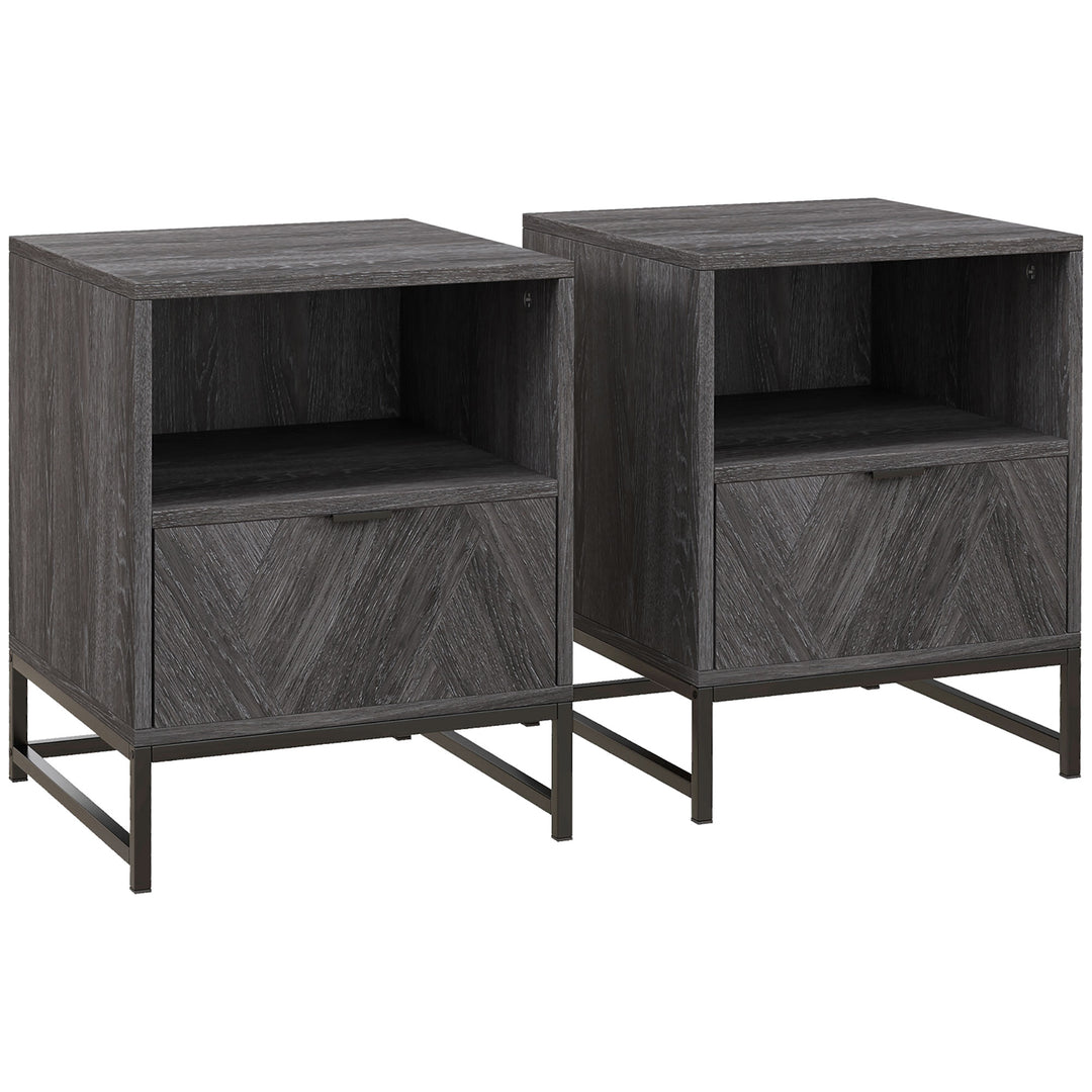 Bedside Table with Drawer and Shelf, Side End Table with Steel Legs for Living Room, Bedroom, Set of 2, Dark Grey
