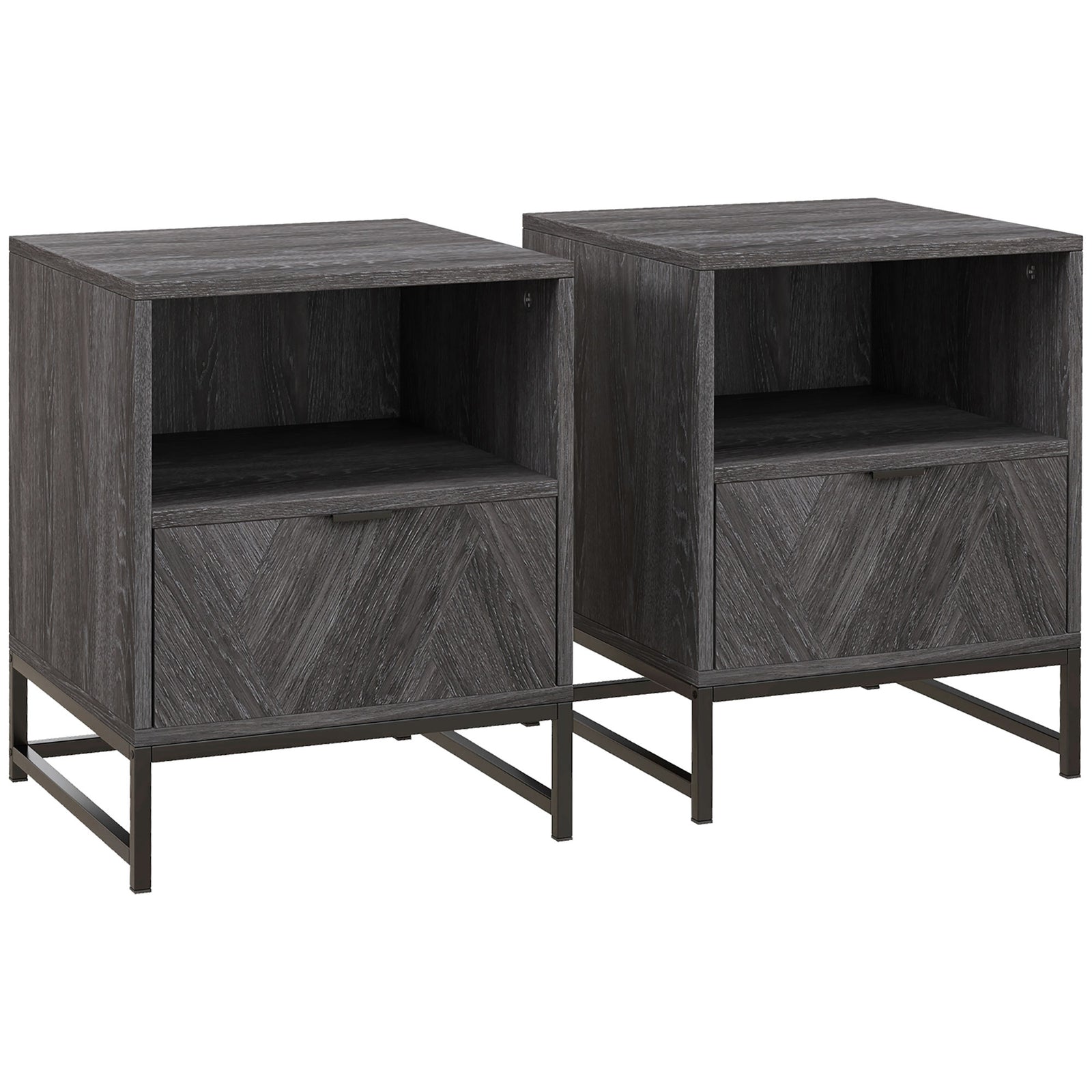 Bedside Table with Drawer and Shelf, Side End Table with Steel Legs for Living Room, Bedroom, Set of 2, Dark Grey