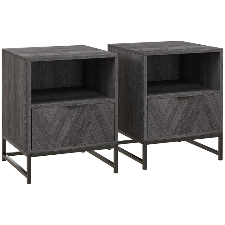 Bedside Table with Drawer and Shelf, Side End Table with Steel Legs for Living Room, Bedroom, Set of 2, Dark Grey