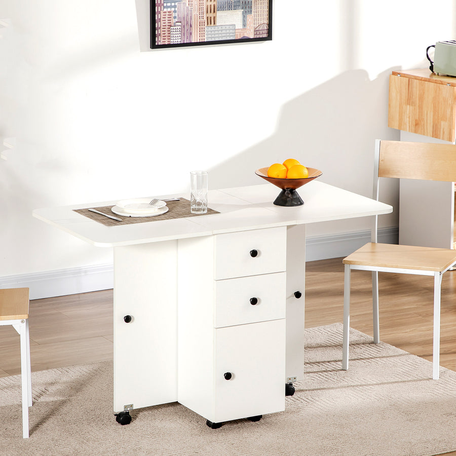 Multi-Storage Six-Person Drop Leaf Dining Table - White