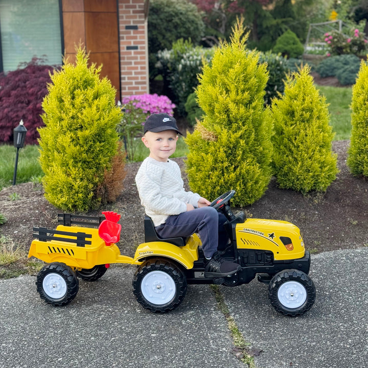 Kids Ride on Tractor with Back Trailer, Shovel & Rake, Horn, Four Wheels Tractor Toy for Child Toddler