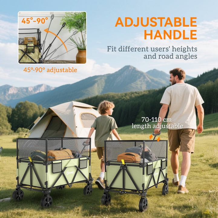 Folding Garden Trolley, 180L Wagon Cart with Extendable Side Walls, for Beach, Camping, Festival, Green