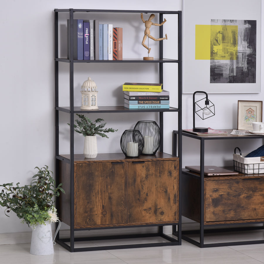 Industrial Bookshelf, Storage Shelf, Large Bookcase with 3 Open Shelves, Multifunctional Rack for Living Room, Office, Rustic Brown and Black