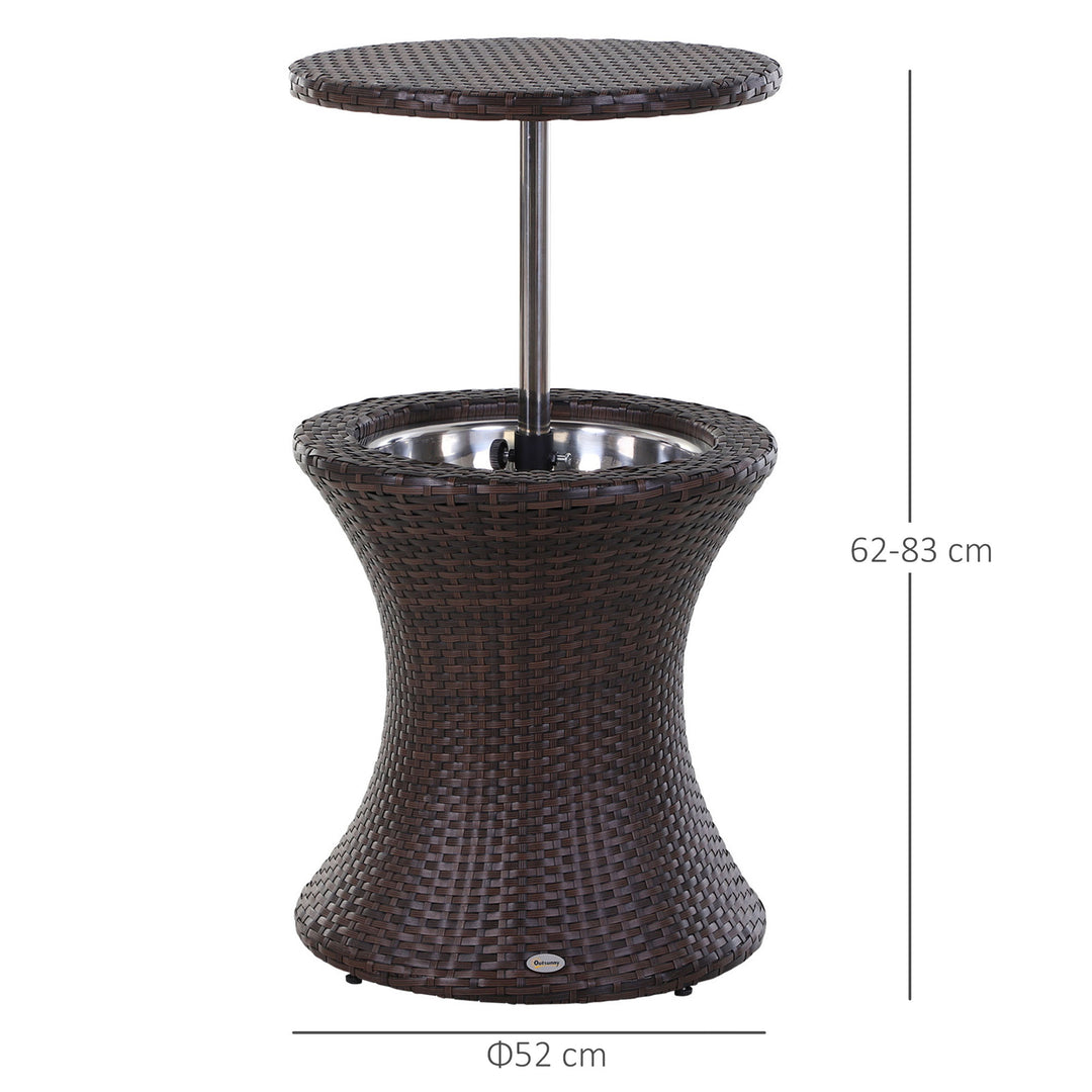 PE Rattan Ice Bucket Table, Height Adjustable Liftable Outdoor Drinks Cooler, 52 cm Round Garden Beer Cocktail Table with Lid for Bar, Patio, Terrace, Brown