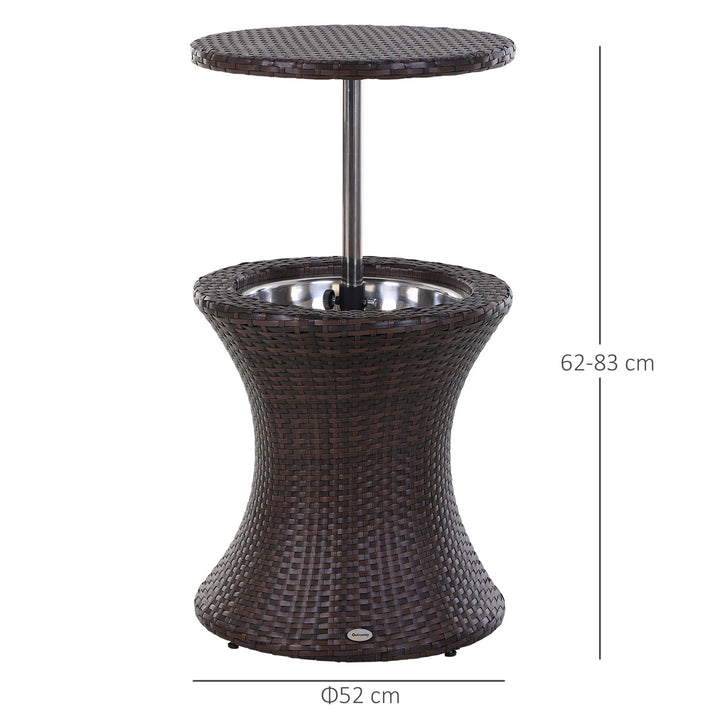 PE Rattan Ice Bucket Table, Height Adjustable Liftable Outdoor Drinks Cooler, 52 cm Round Garden Beer Cocktail Table with Lid for Bar, Patio, Terrace, Brown