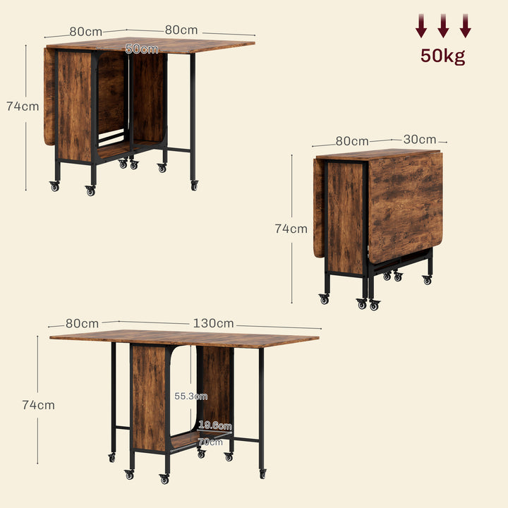 HOMCOM Mobile Drop Leaf Table Folding Kitchen Table Extendable Dining Table For Small Spaces With 6 Wheels & Storage Shelf Rustic Brown