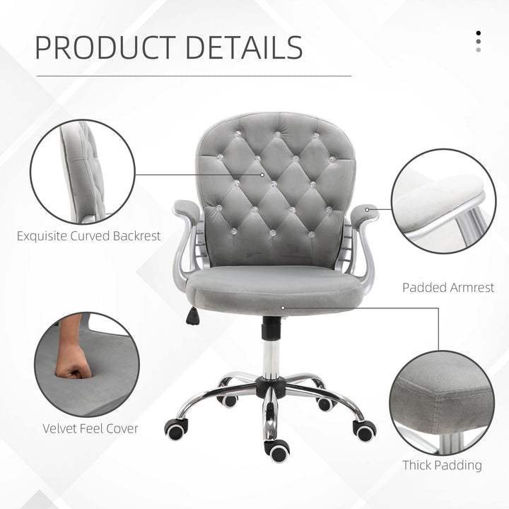 Office Chair, Swivel Desk Chair, Velvet Vanity Chair with Adjustable Height and Rolling Wheels for Home Work Study, Grey