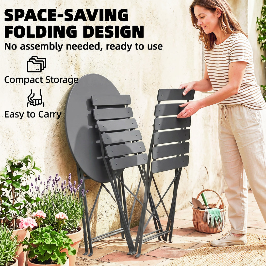 Folding Garden Bistro Set, Outdoor Round Bistro Table and Chairs Set 2