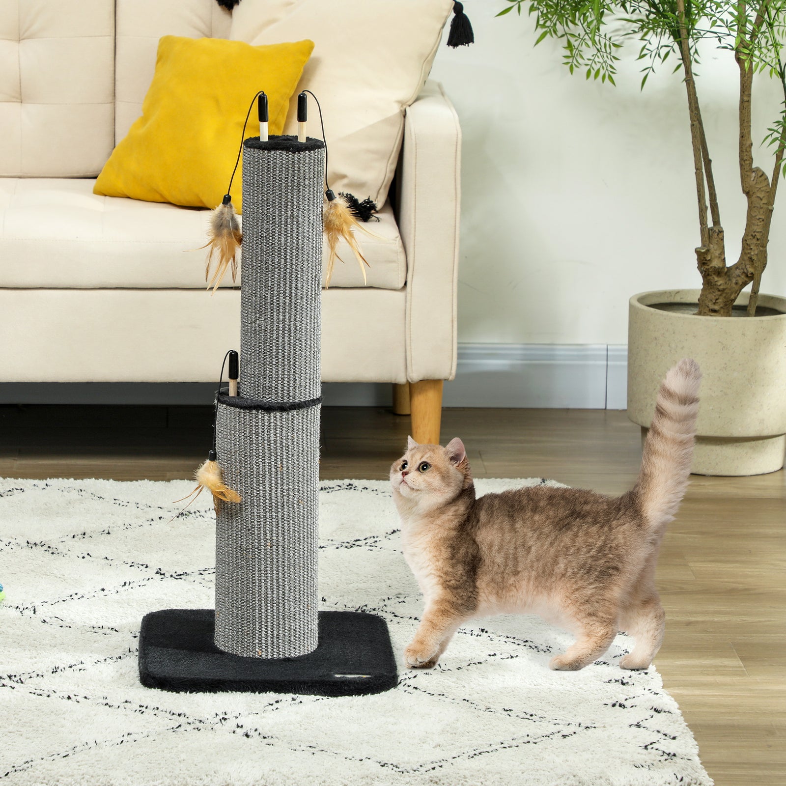 78cm 2-in-1 Cat Scratching Post with 3 Toy Feathers, Black