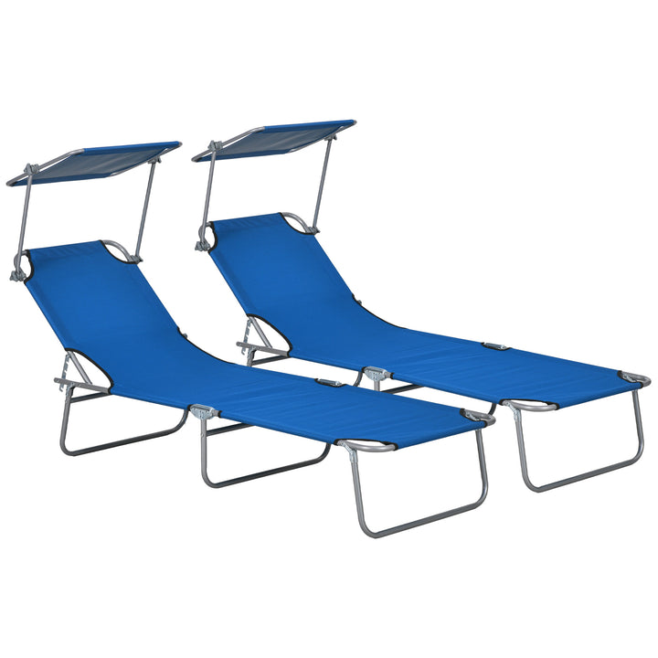 Outdoor Foldable Sun Lounger Set of 2, 4 Level Adjustable Backrest Reclining Sun Lounger Chair with Angle Adjust Sun Shade Awning for Beach, Garden, Patio, Blue