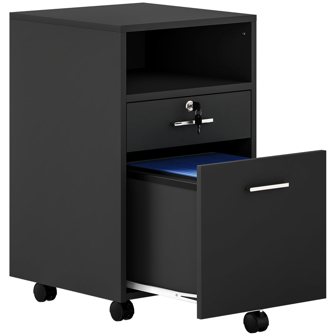 Lockable Two-Drawer Filing Cabinet, with Wheels - Black