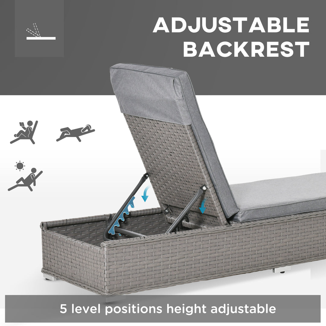 3 Pieces Rattan Sun Lounger Set with Aluminium Frame, 5-Position Adjustable Reclining Garden Chairs and Glass Top Table, Wicker Garden Furniture Daybed with Cushions for Patio, Grey