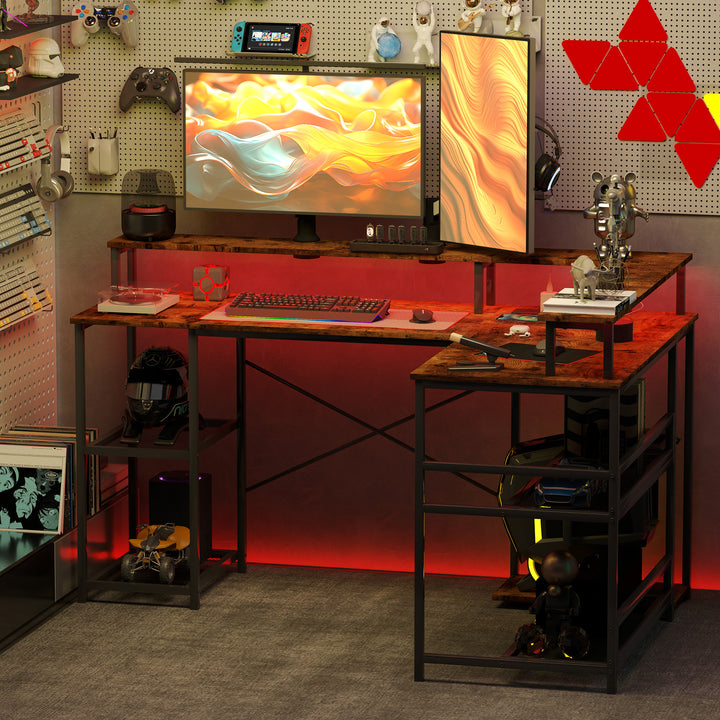 LED Light 'L' Computer Desk, with Shelves - Brown