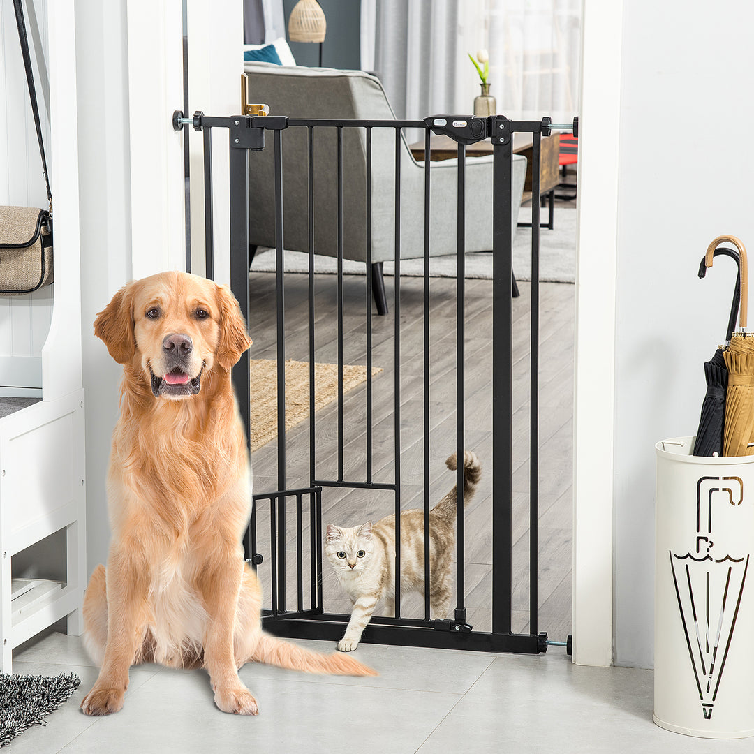 PawHut Extra Tall Dog Gate with Cat Door, Pet Safety Gate for Doorways Stairs with Auto Close Double Locking, 104H x 74-80W cm, Black | Aosom UK