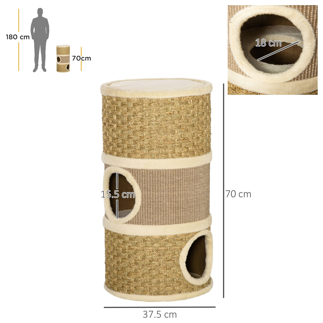 PawHut Cat Scratching Barrel Kitten Tree Tower Pet Furniture Climbing Frame Covered with Sisal and Seaweed Rope Cozy Platform Soft Plush | Aosom UK