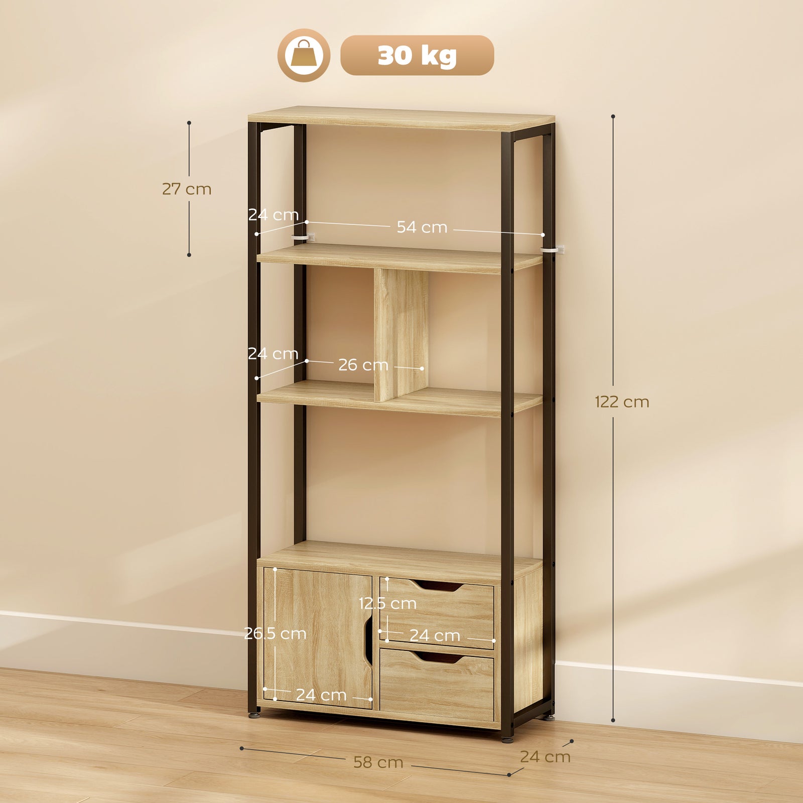 4-Tier Bookcase, Bookshelf with 1 Cabinet and 2 Drawers for Living Roo