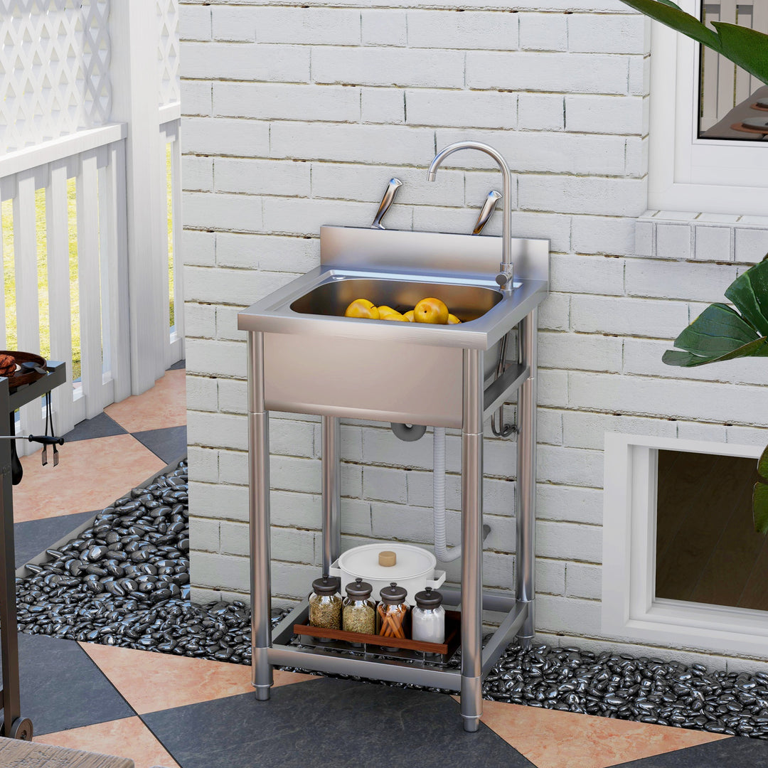 Outdoor Utility Sink, Stainless Steel Free Standing Single Bowl Kitchen Sink with Cold and Hot Water Pipe and Storage Shelf for Laundry Garage, 55 x 50 x 100 cm