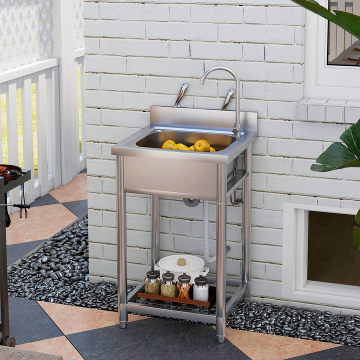 Outdoor Utility Sink, Stainless Steel Free Standing Single Bowl Kitchen Sink with Cold and Hot Water Pipe and Storage Shelf for Laundry Garage, 55 x 50 x 100 cm
