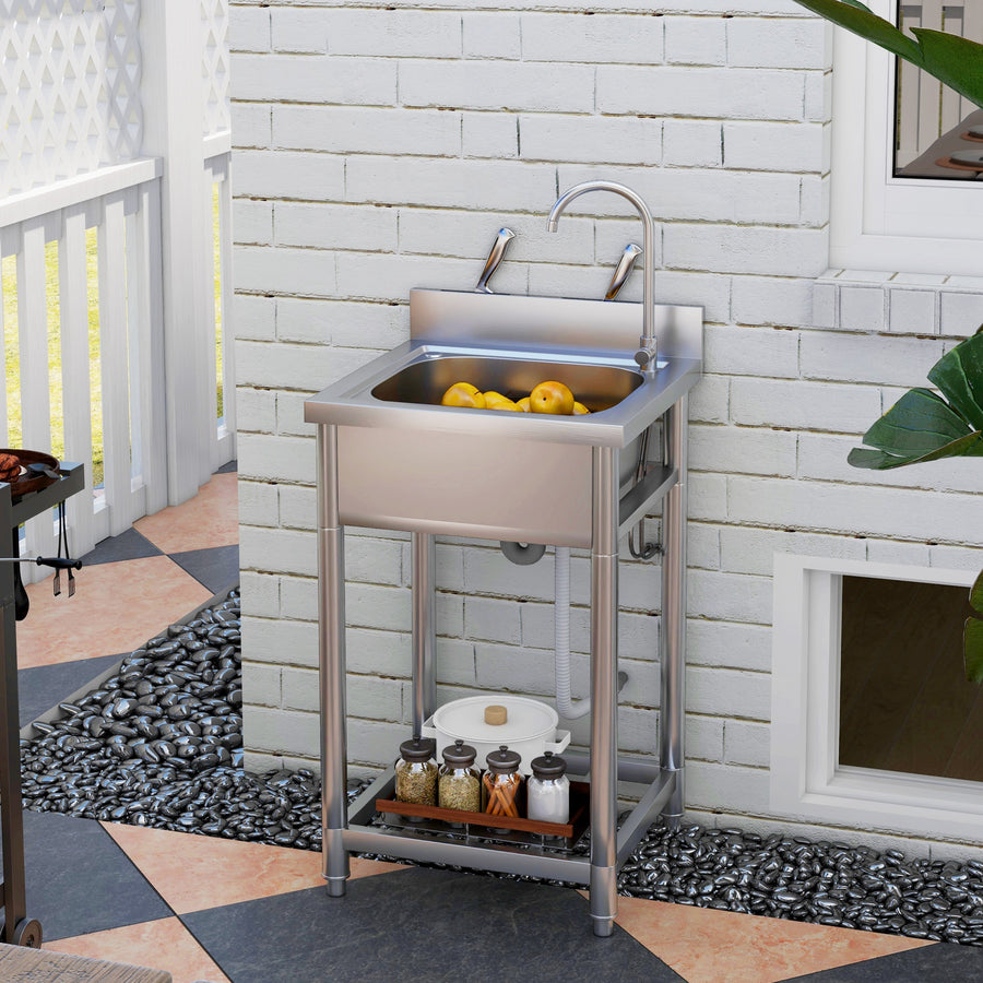 Outdoor Utility Sink, Stainless Steel Free Standing Single Bowl Kitchen Sink with Cold and Hot Water Pipe and Storage Shelf for Laundry Garage, 55 x 50 x 100 cm