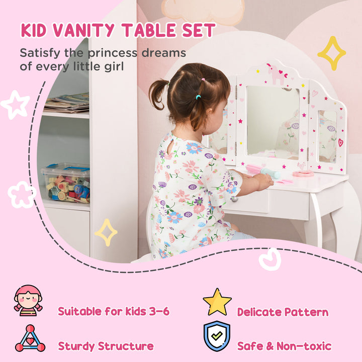 HOMCOM Kids Vanity Table & Stool Girls Dressing Set Make Up Desk Chair Dresser Play Set with Rotatable Mirrors Drawer Star & Heart Pattern White